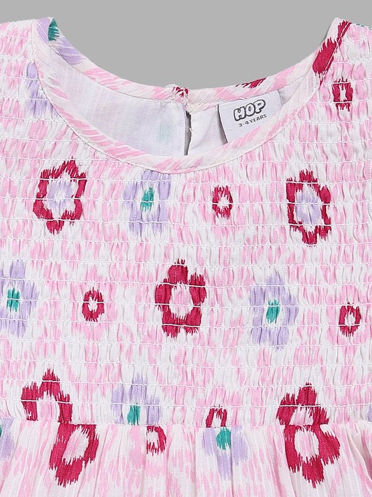 HOP Kids White & Pink Floral Printed Dress
