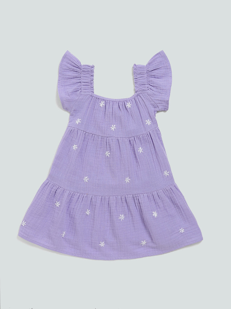 HOP Kids Lilac Floral Embroidered Tiered Dress