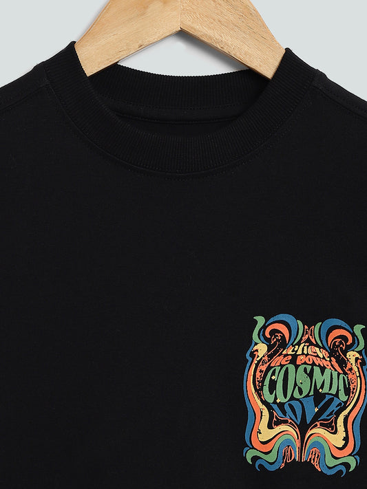 Y&F Kids Black Phsych Printed T-Shirt