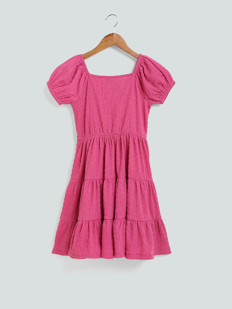 Y&F Kids Plain Tiered Hot Pink Dress