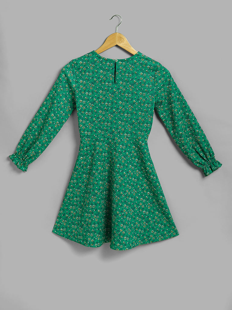 Y&F Kids Green Floral Printed A-Line Dress