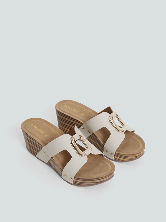 LUNA BLU Cut Out Cage Buckle Ivory Wedge Sandals