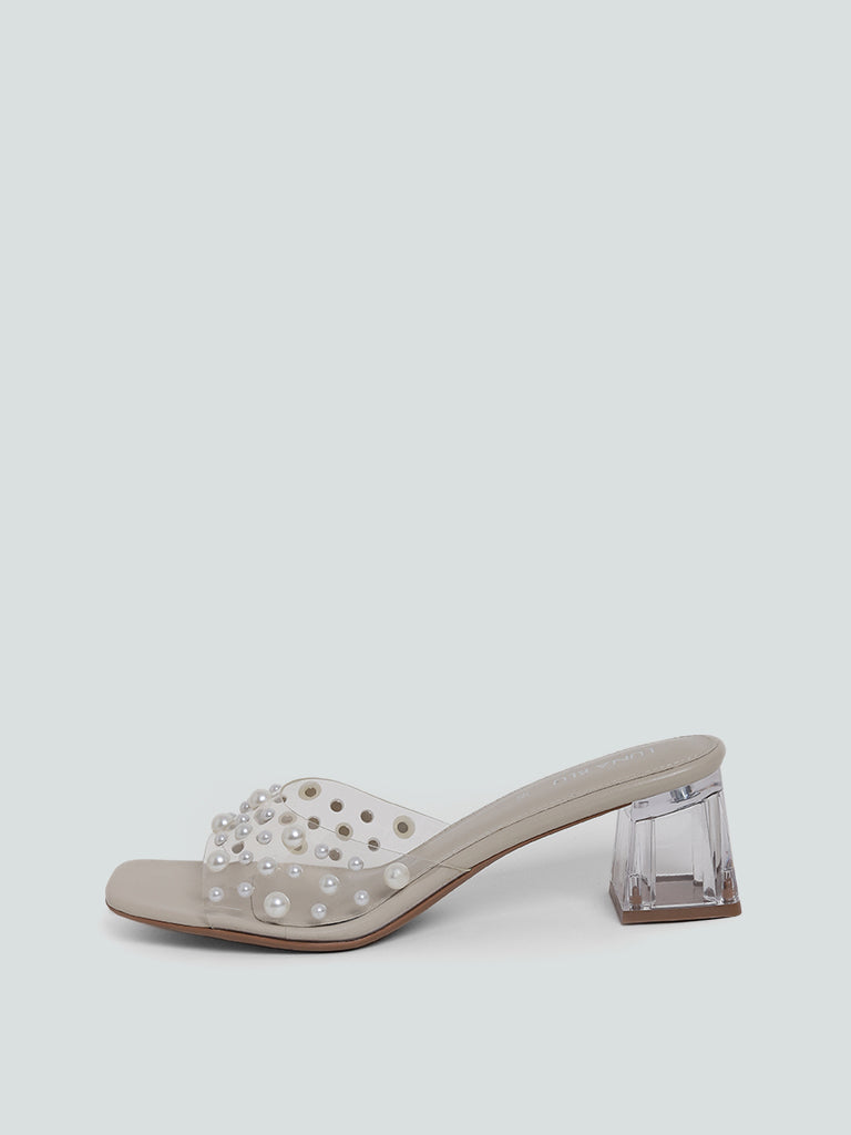 Heeled pearl mules clearance