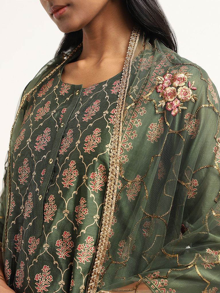 Vark Green Embroidery Cotton Blend Kurta, Pants and Dupatta Set