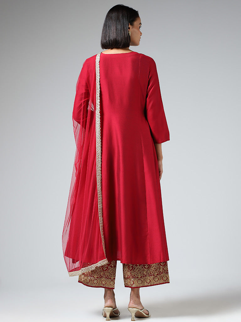 Vark Plain Red Kurta with Embroidered Pants & Dupatta