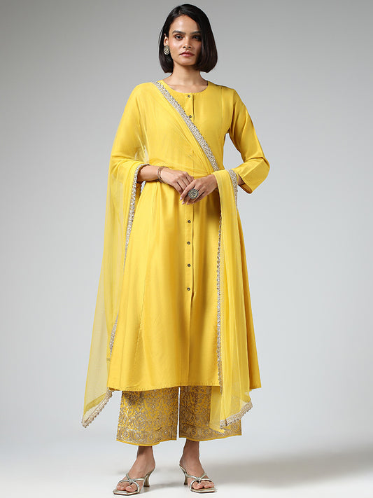 Vark Plain Mustard A-Line Kurta with Pants & Dupatta