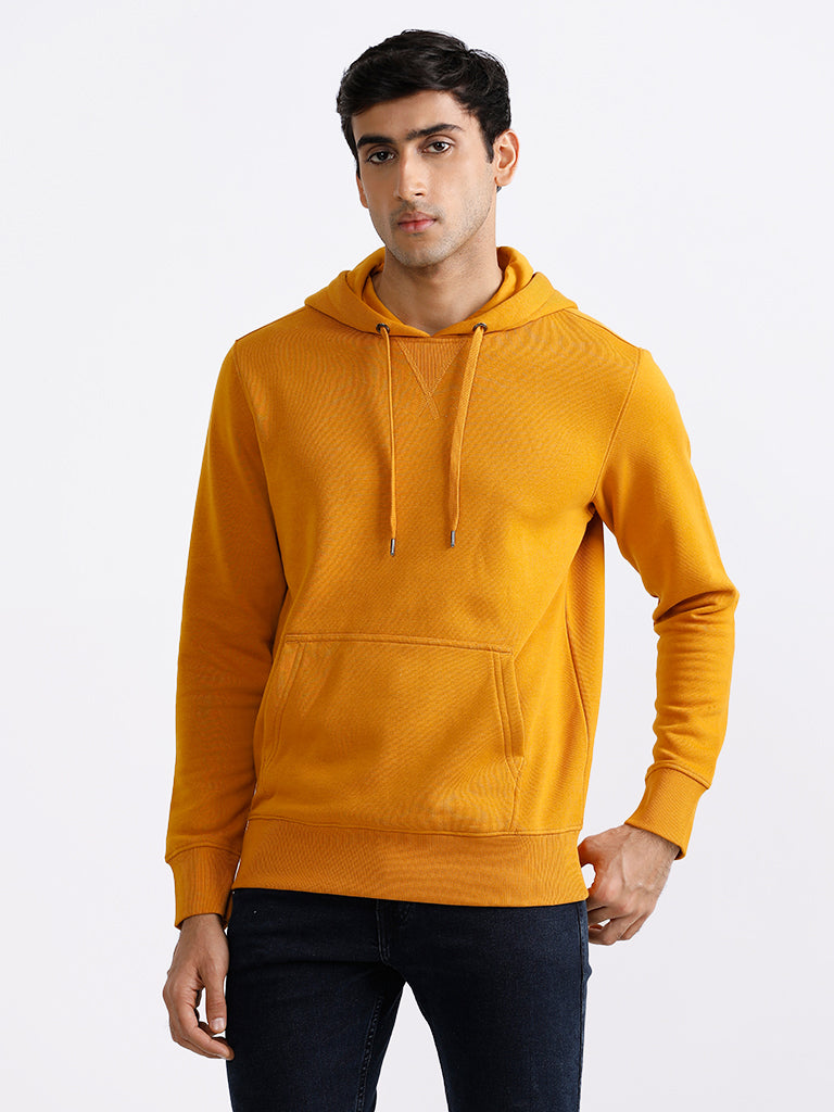 WES Casuals Solid Mustard Hoody Neck Relaxed Fit Sweatshirt – Westside