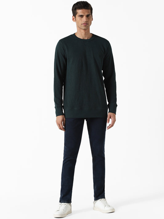 WES Casuals Solid Green Ribbed Slim Fit Sweater