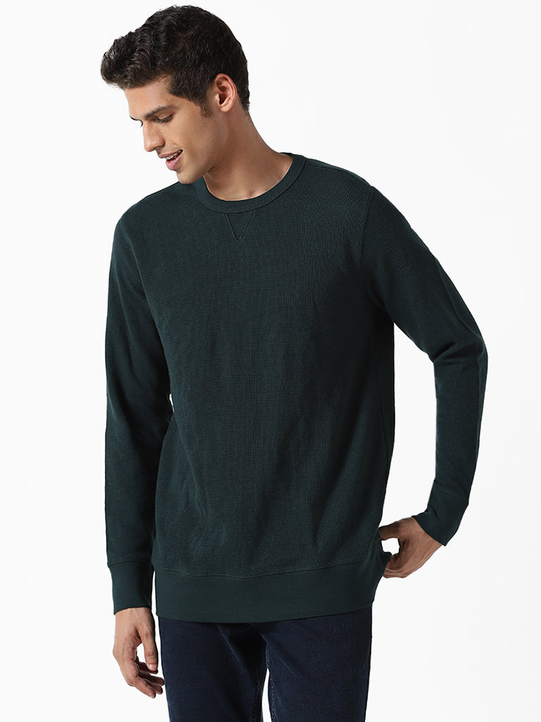 WES Casuals Solid Green Ribbed Slim Fit Sweater
