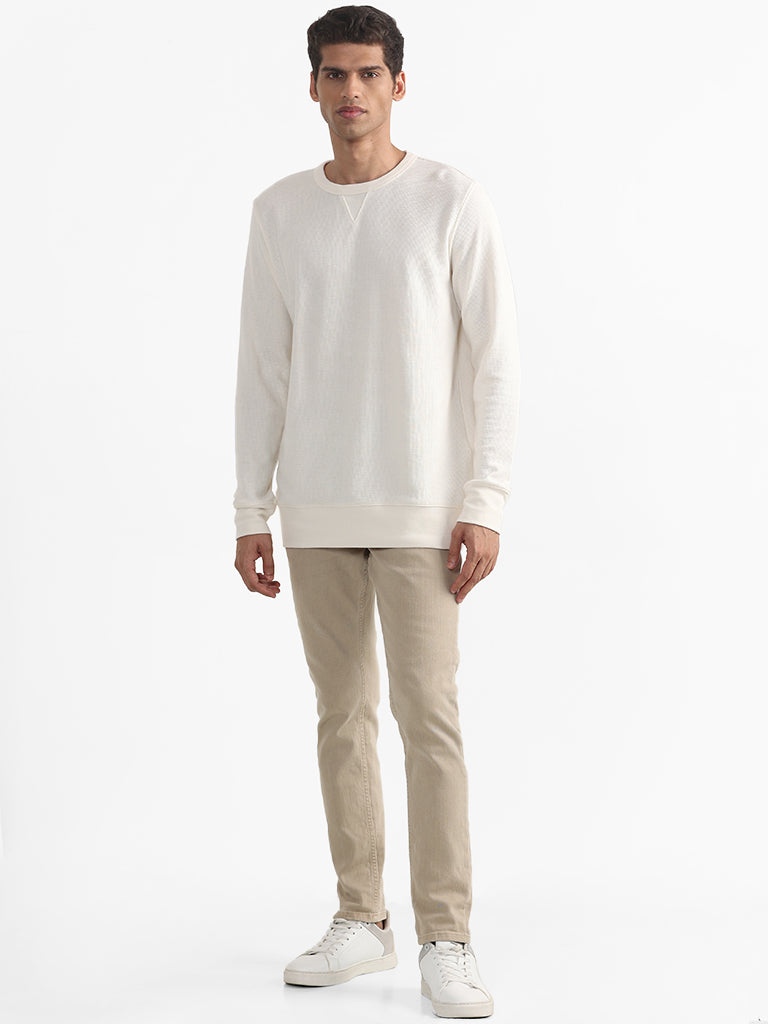 WES Casuals Plain Slim Fit Off White Cotton Blend Sweater
