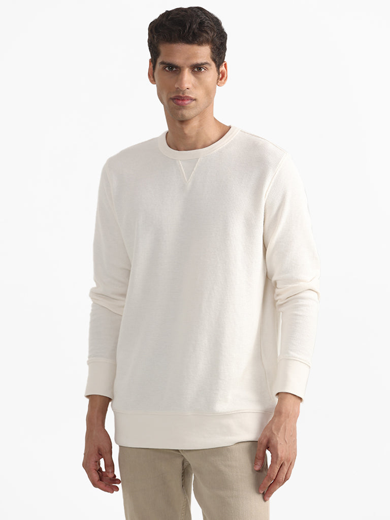 WES Casuals Plain Slim Fit Off White Sweater