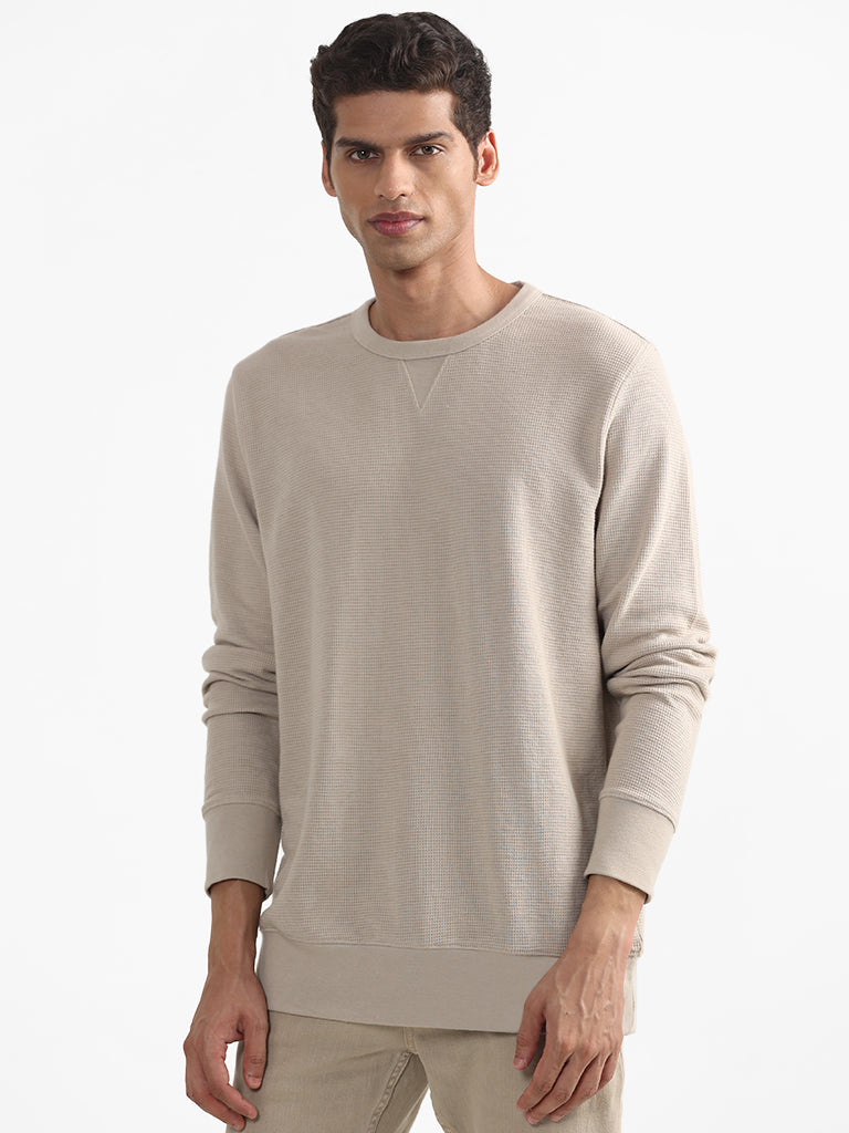 WES Casuals Patterned Beige Cotton Blend Slim Fit Sweater
