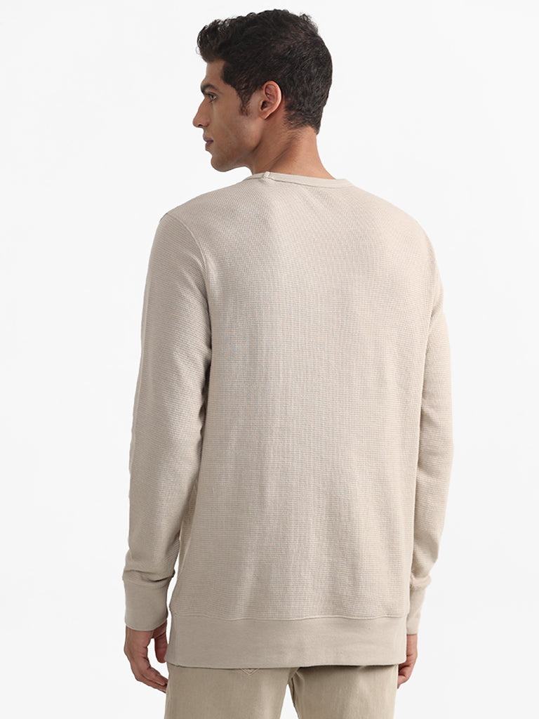 WES Casuals Patterned Beige Cotton Blend Slim Fit Sweater