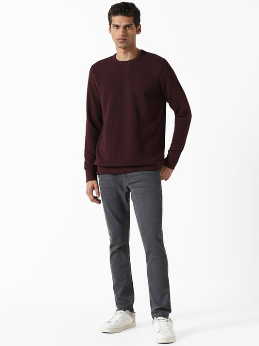 WES Casuals Solid Wine Ribbed Slim Fit Sweater