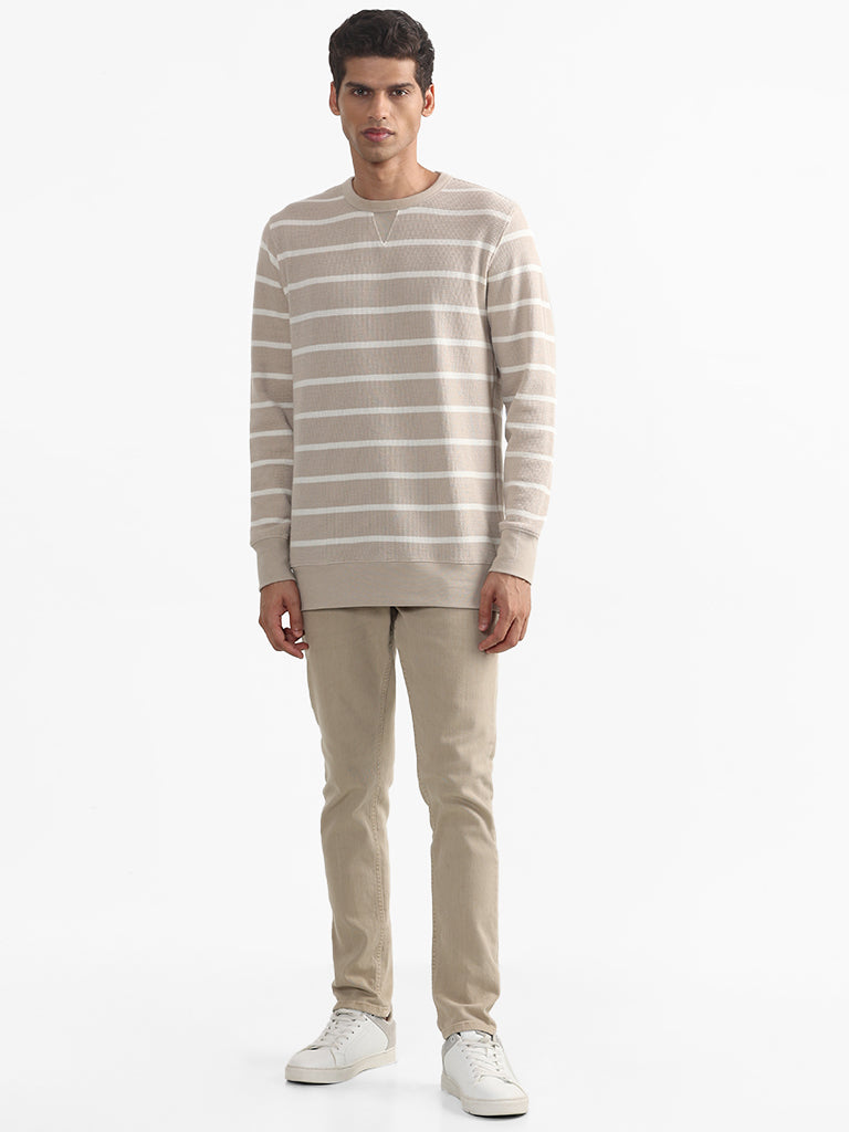 WES Casuals Striped Beige Cotton Blend Slim Fit Sweater