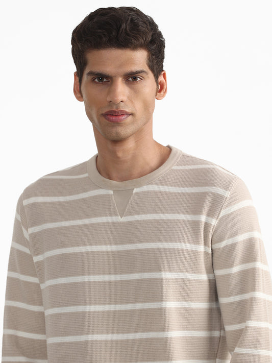WES Casuals Striped Beige Slim Fit Sweater