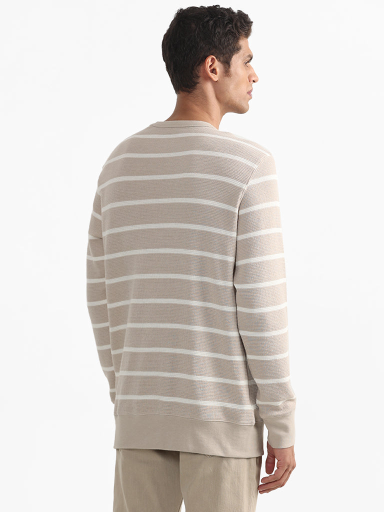 WES Casuals Striped Beige Cotton Blend Slim Fit Sweater