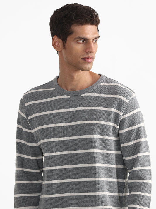 WES Casuals Striped Grey Cotton Blend Slim Fit Sweater