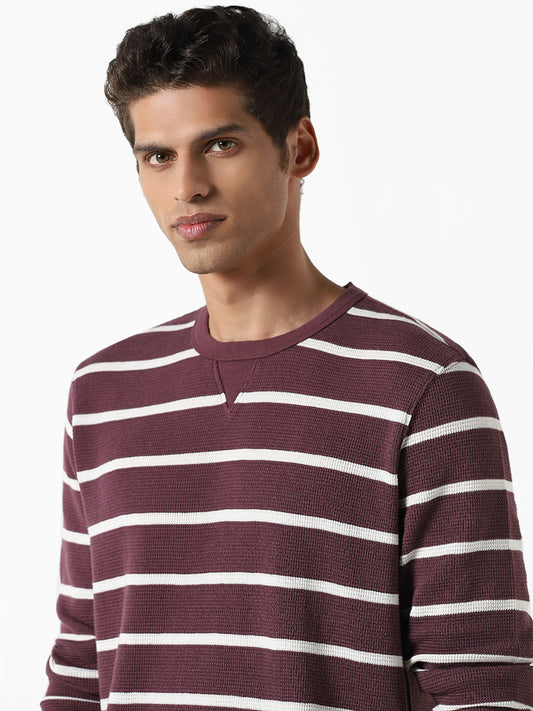 WES Casuals Striped Mauve Ribbed Slim Fit Sweater