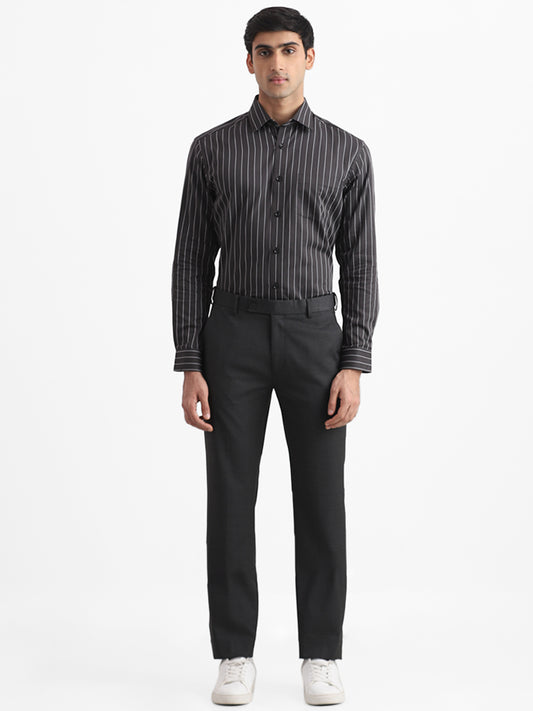 WES Formals Black Striped Cotton Relaxed Fit Shirt