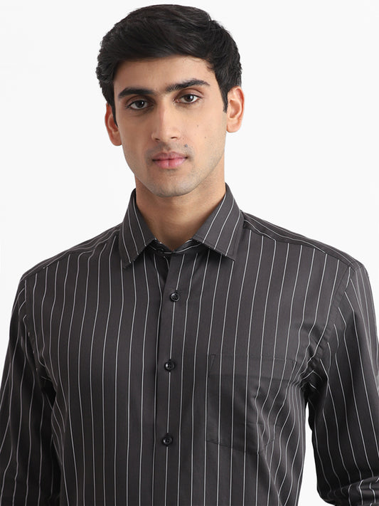 WES Formals Black Striped Cotton Relaxed-Fit Shirt