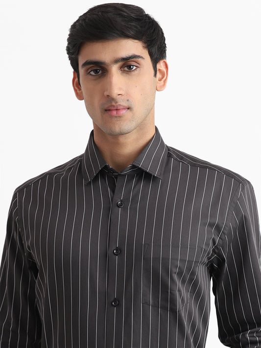 WES Formals Black Striped Cotton Relaxed Fit Shirt