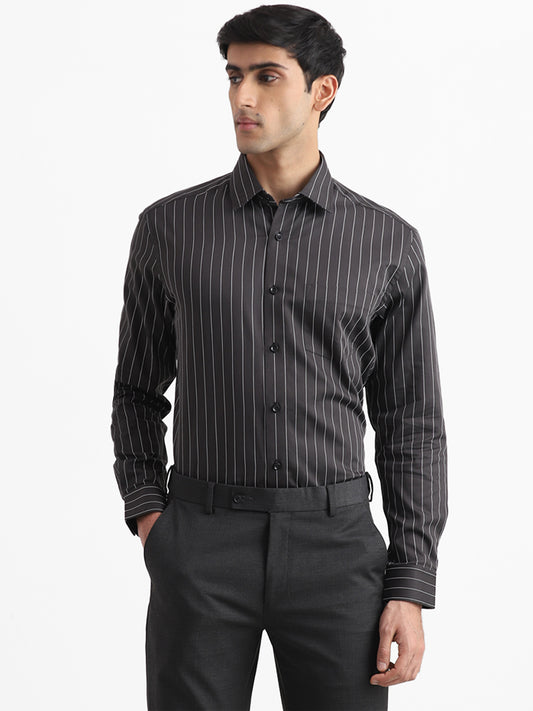 WES Formals Black Striped Cotton Relaxed Fit Shirt