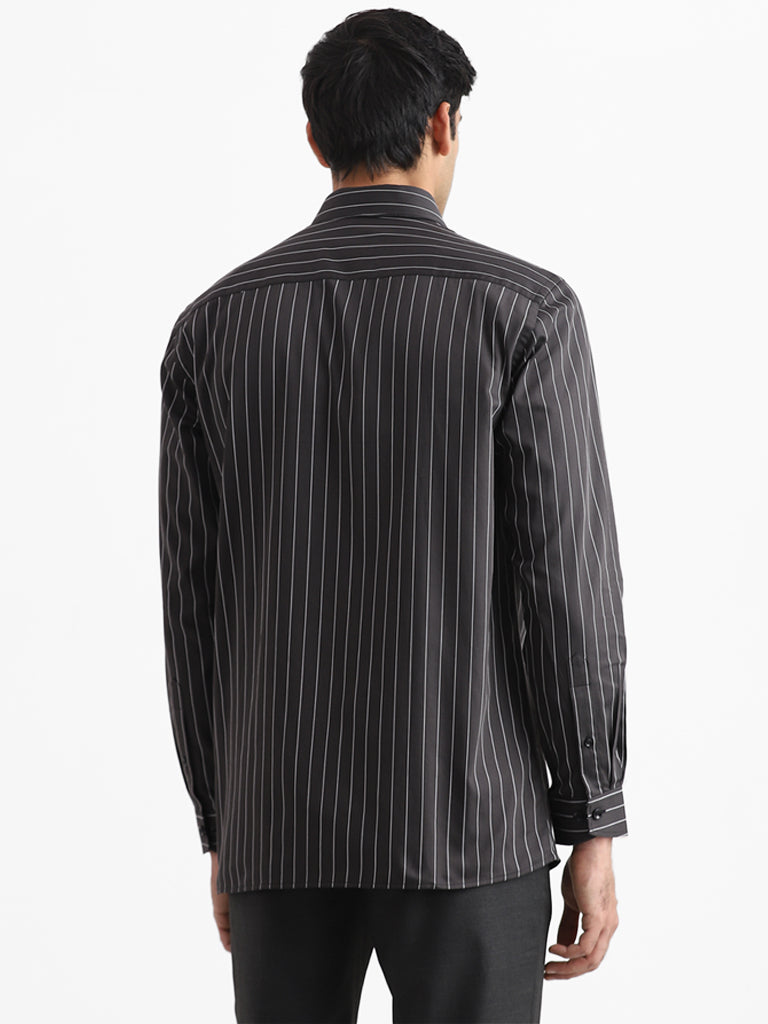 WES Formals Black Striped Cotton Relaxed Fit Shirt
