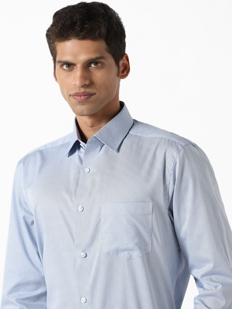 WES Formals Dobby Printed Blue Relaxed Fit Shirt