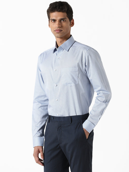WES Formals Dobby Printed Blue Cotton Relaxed Fit Shirt