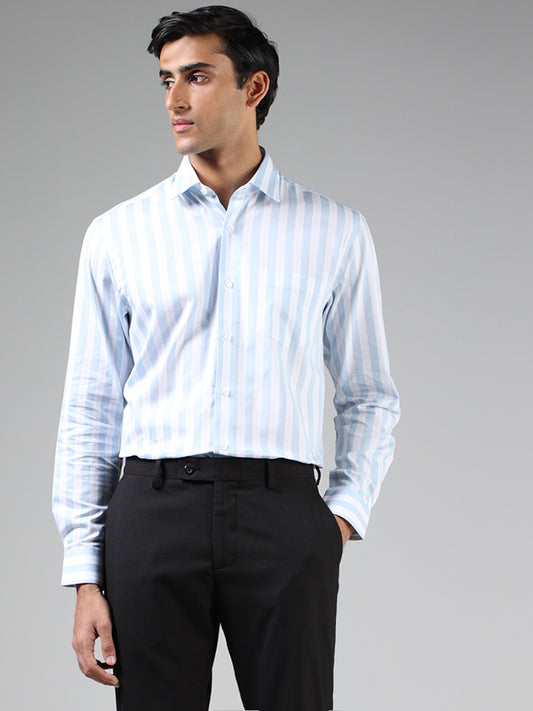 WES Formals Powder Blue & White Striped Relaxed Fit Shirt
