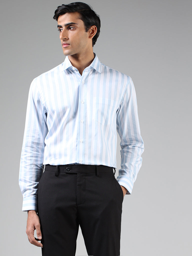 WES Formals Powder Blue & White Striped Cotton Relaxed-Fit Shirt