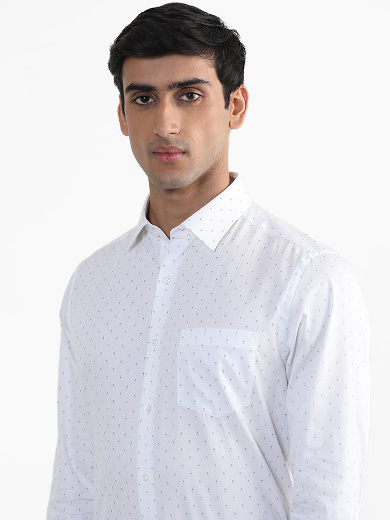 WES Formals White Printed Cotton Slim Fit Shirt