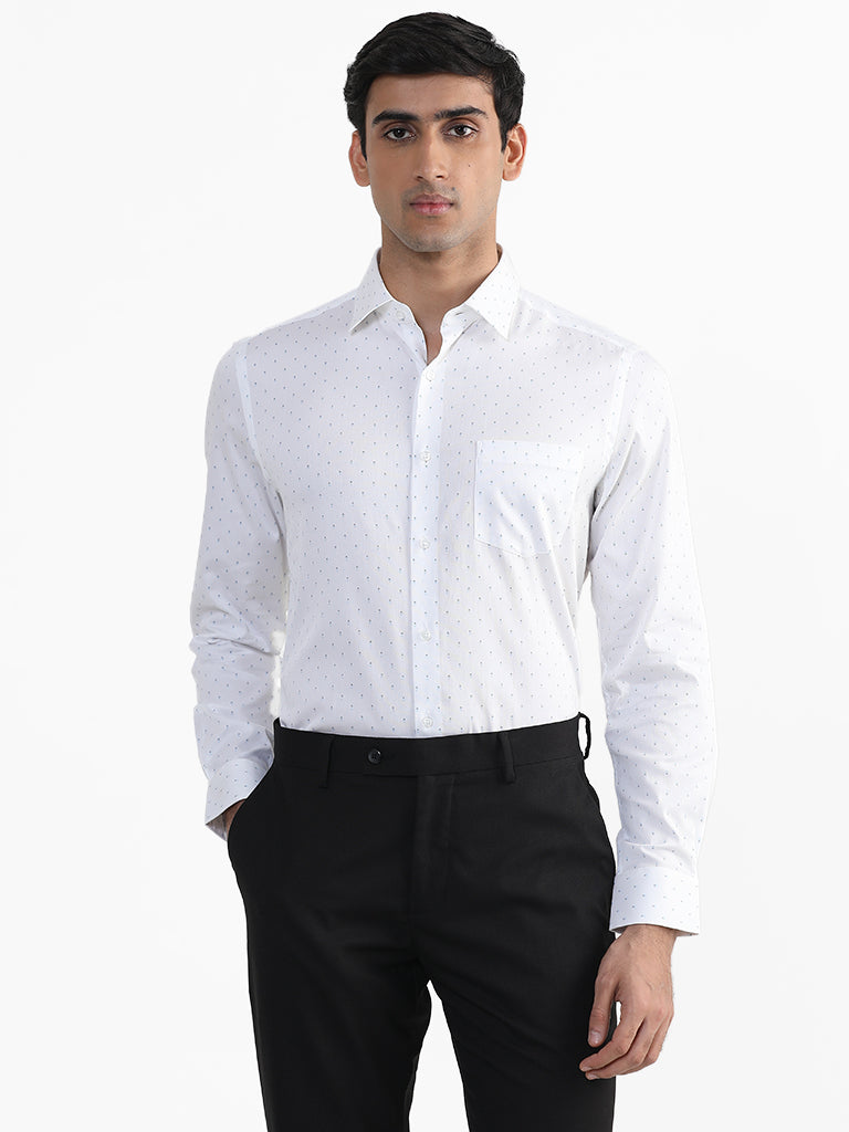 WES Formals White Printed Cotton Slim Fit Shirt