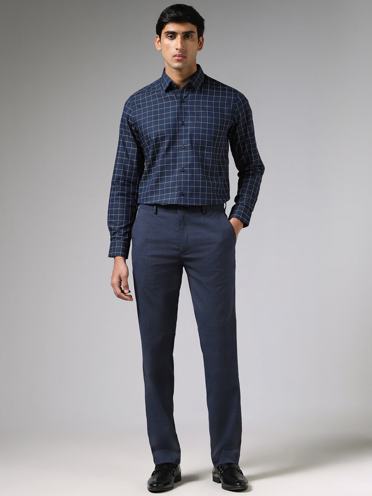 WES Formals Classic Checked Navy Blue Cotton Slim Fit Shirt