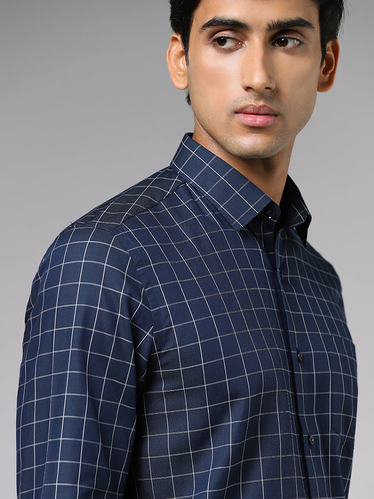 WES Formals Classic Checked Navy Blue Slim Fit Shirt