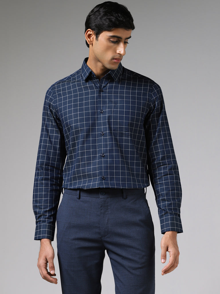 WES Formals Classic Checked Navy Blue Cotton Slim Fit Shirt