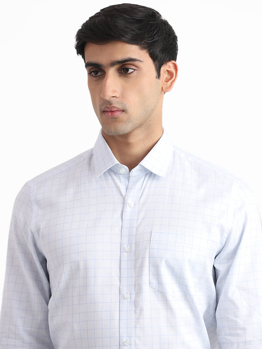 WES Formals Checked Slim-Fit Blue Cotton Shirt