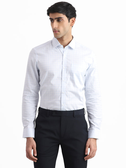 WES Formals Checked Slim-Fit Blue Cotton Shirt