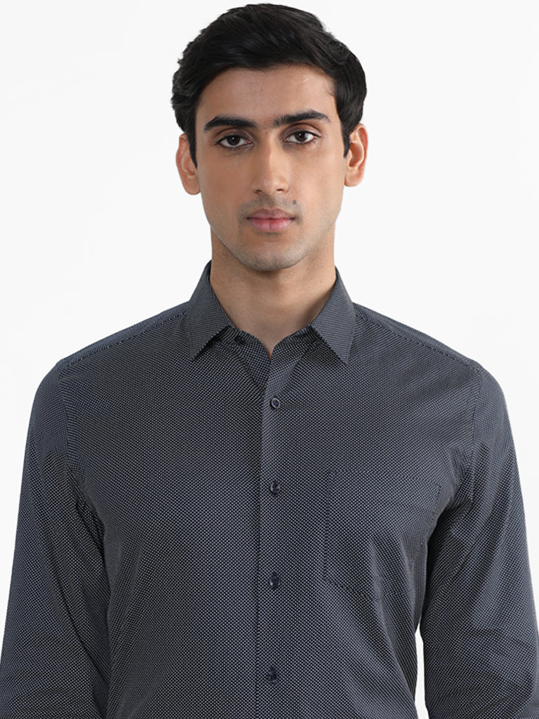 WES Formals Navy Blue Printed Cotton Slim Fit Shirt