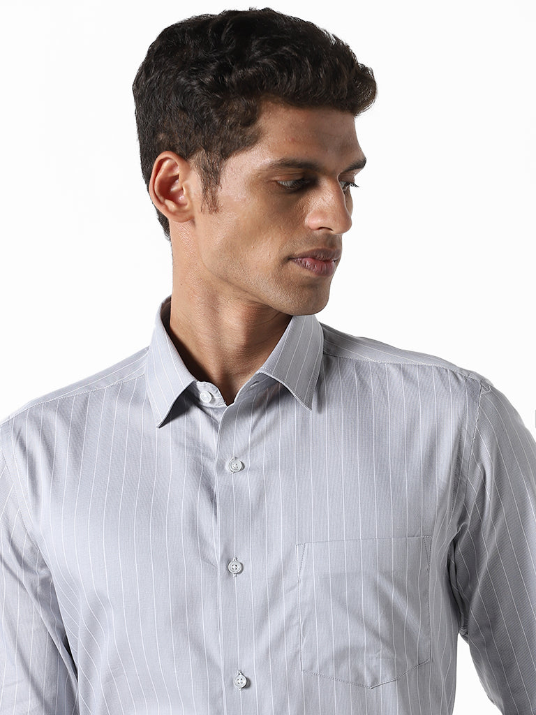 WES Formals Striped Grey Cotton Slim Fit Shirt