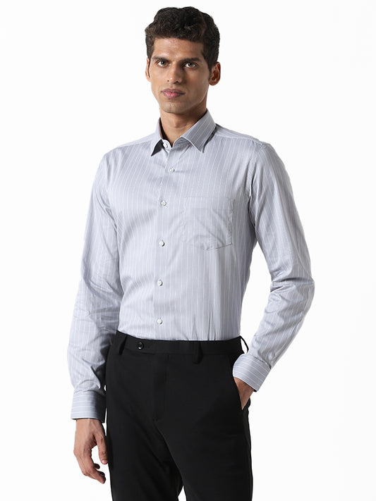 WES Formals Striped Grey Cotton Slim-Fit Shirt