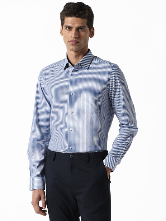 WES Formals Striped Navy Blue Slim Fit Shirt