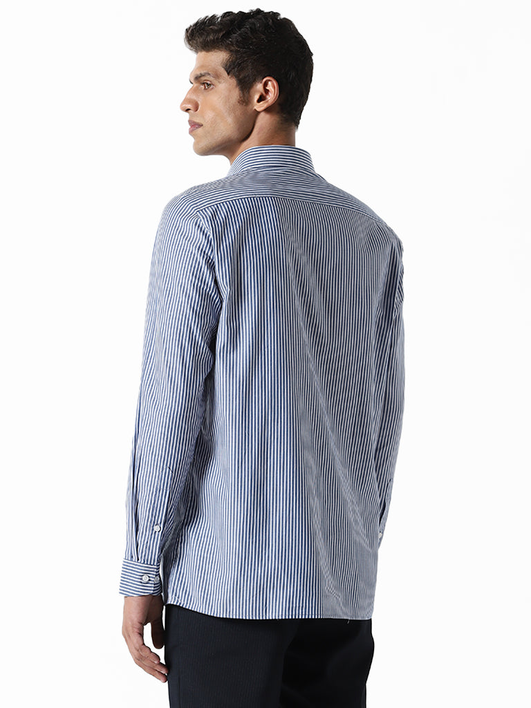 WES Formals Striped Navy Blue Slim Fit Shirt