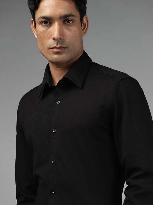 WES Formals Plain Black Cotton Blend Slim Fit Shirt