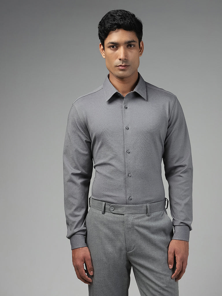 WES Formals Plain Grey Cotton Blend Slim-Fit Shirt