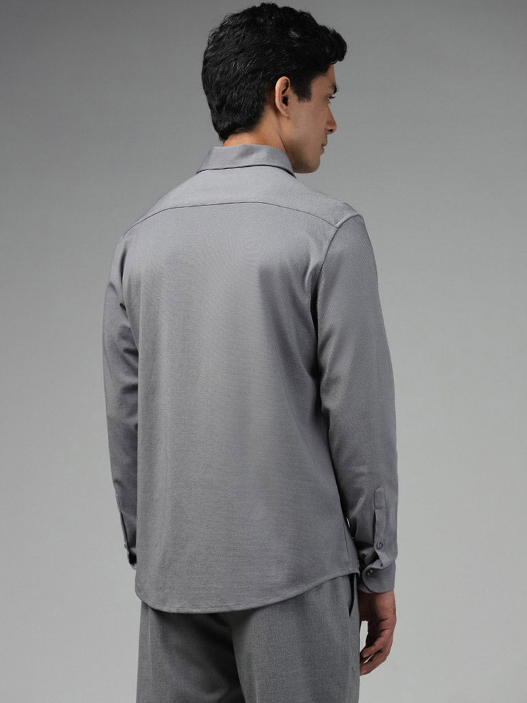 WES Formals Plain Grey Cotton Blend Slim Fit Shirt