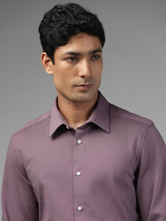 WES Formals Plain Plum Cotton Blend Slim Fit Shirt