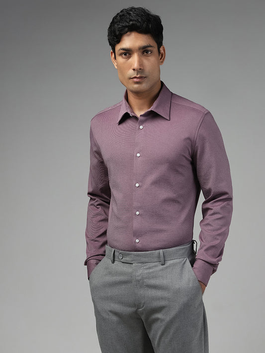 WES Formals Plain Plum Cotton Blend Slim Fit Shirt