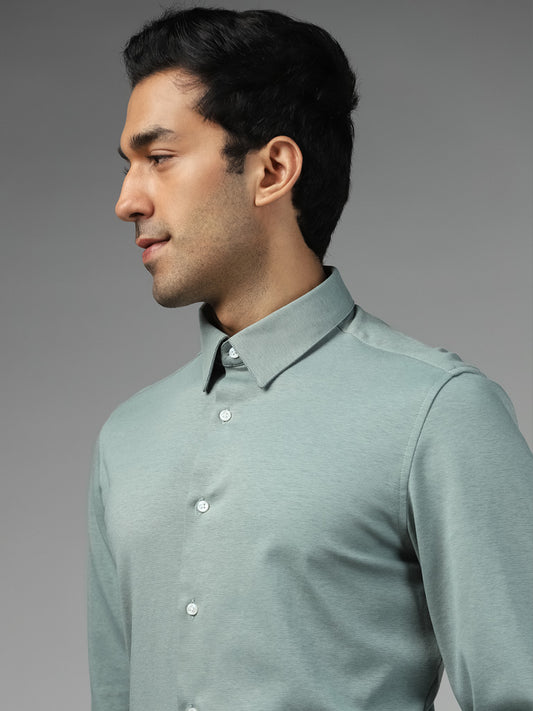 WES Formals Solid Light Green Slim Fit Shirt
